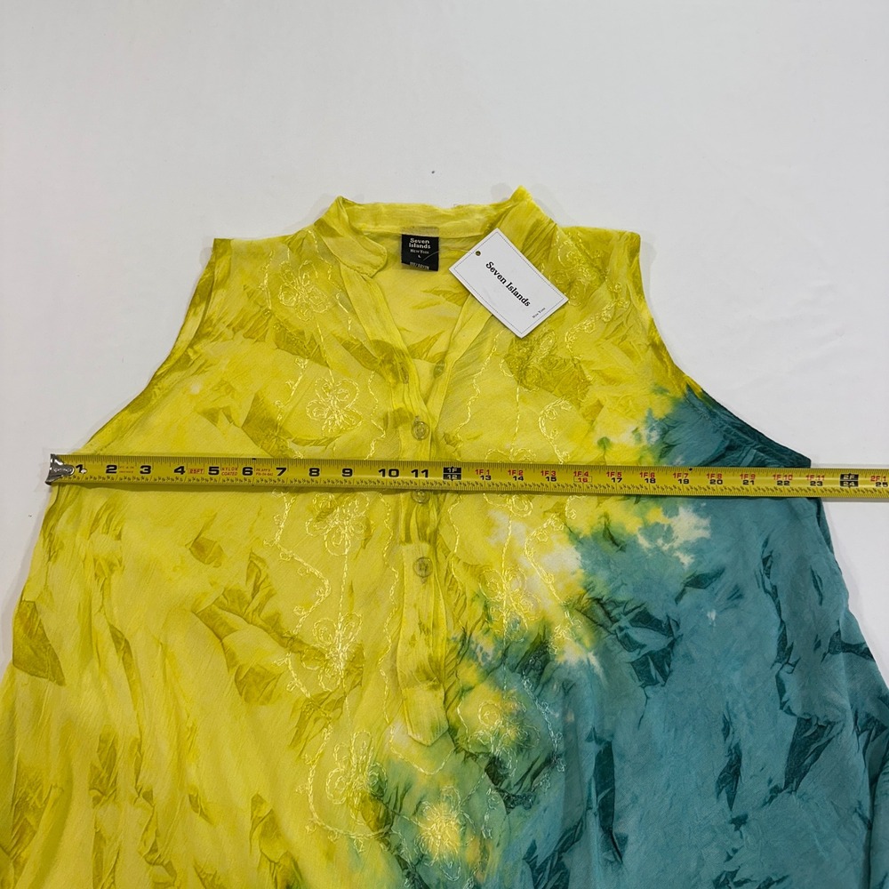 Seven Islands Tie Dye Embroidered Sharkbite Dress Womens L Yellow Teal | Boho - Picture 7 of 8
